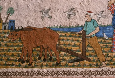 Bemalte Wand, die einen Pflüger darstellt, Westufer, Luxor